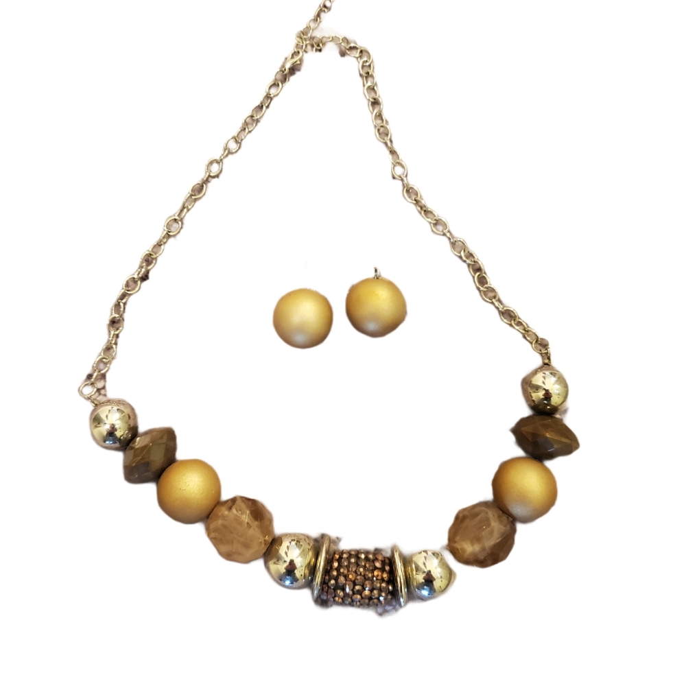 Silver Brown Bead Necklace with Earings